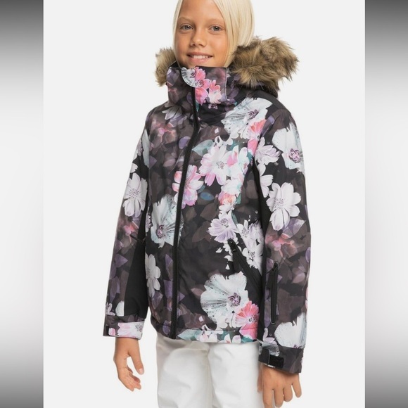 Roxy American Pie Girl Black Floral Puffer Jacket Faux Fur Hood Dryflight Coat 8
